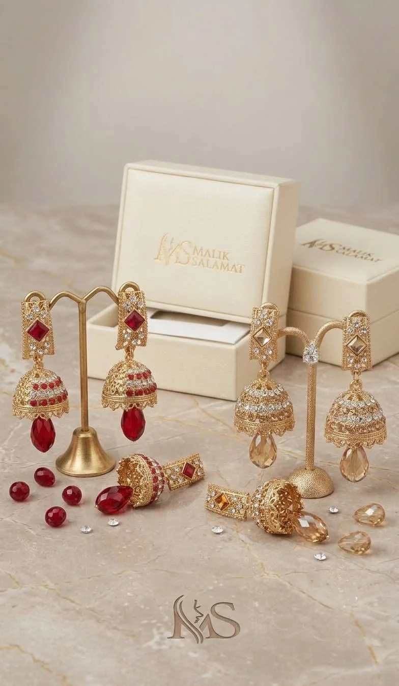 Antique Gold Dangle Jhumka Earrings with Ruby Red & Champagne Stone Options wholesale product on DirectStock Pakistan