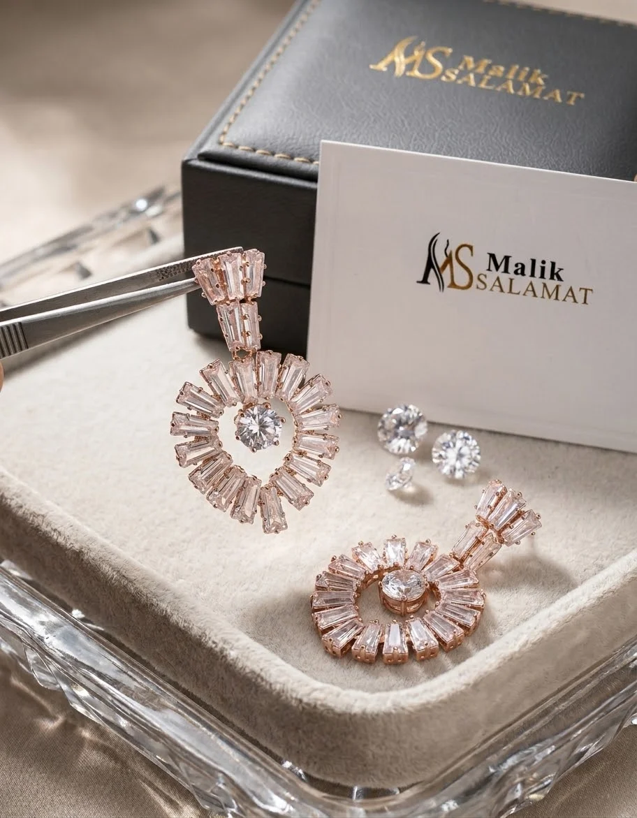 Elegant Baguette & Round Cubic Zirconia Statement Earrings wholesale product on DirectStock Pakistan