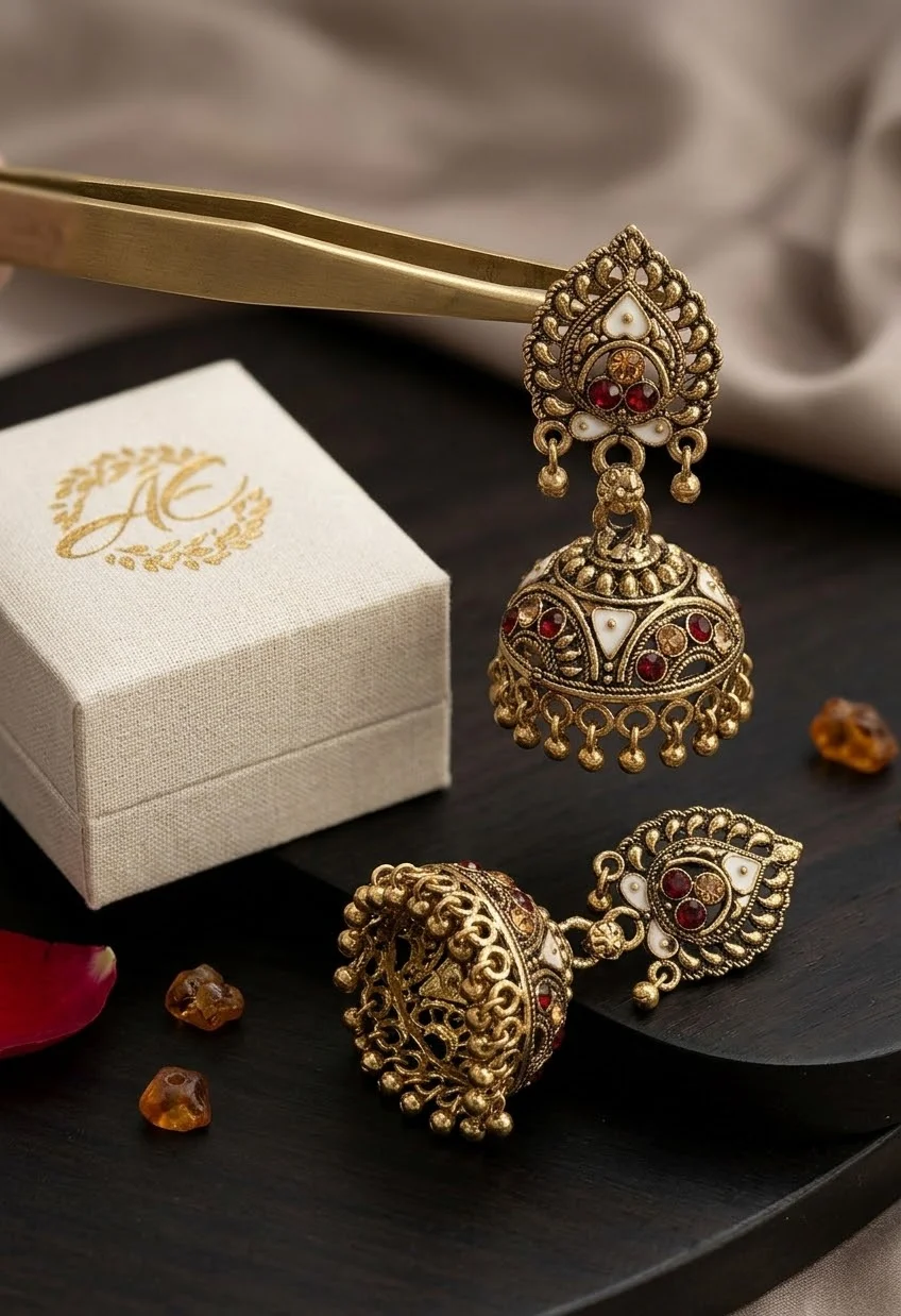 Traditional Antique Gold Meenakari Jhumka Earrings with Ruby & Pearl Accents wholesale product on DirectStock Pakistan